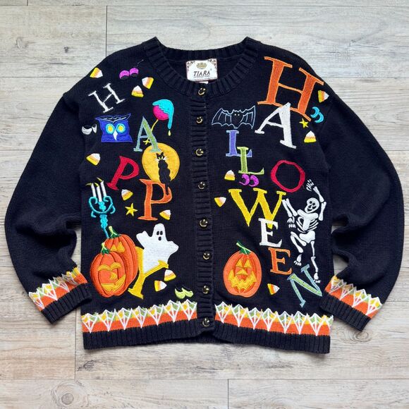 Tiara International Sweaters - Vintage Halloween Sweater Cardigan Small 2001 Tiara International Ghost Pumpkin